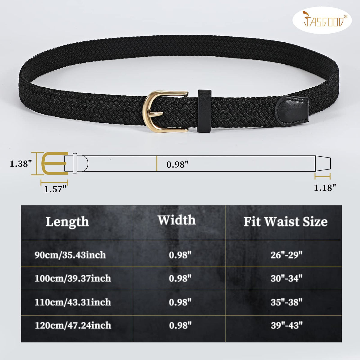 JASGOOD 2 Pack Braided Belts for Women, 1'' Narrow Width Elastic Woven Stretch Fabric Cloth Belts with Gold Buckle