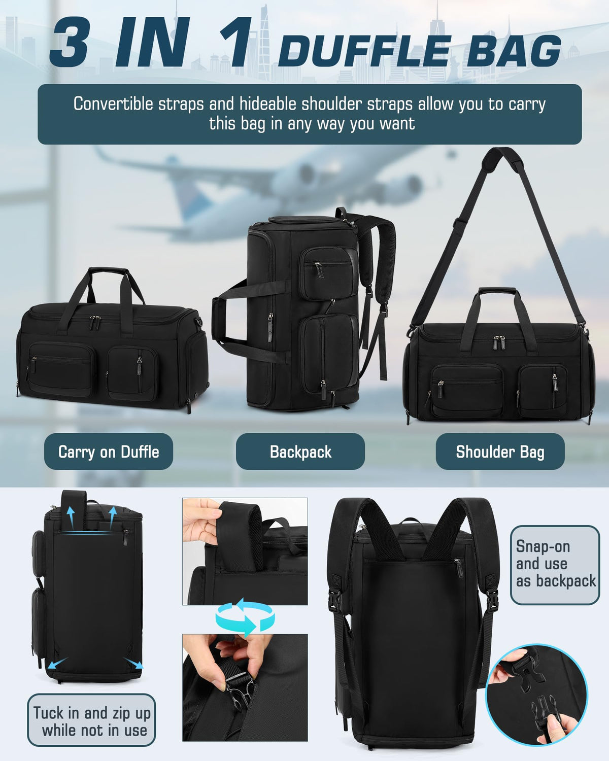 RAINSMORE Convertible Garment Bags for Travel, 45L Garment Duffle bag for Hanging Clothes, 3 in 1 Suit Travel Bag for Business Trips with Shoulder Strap, Carry On Suit Luggage for Men Women, Black