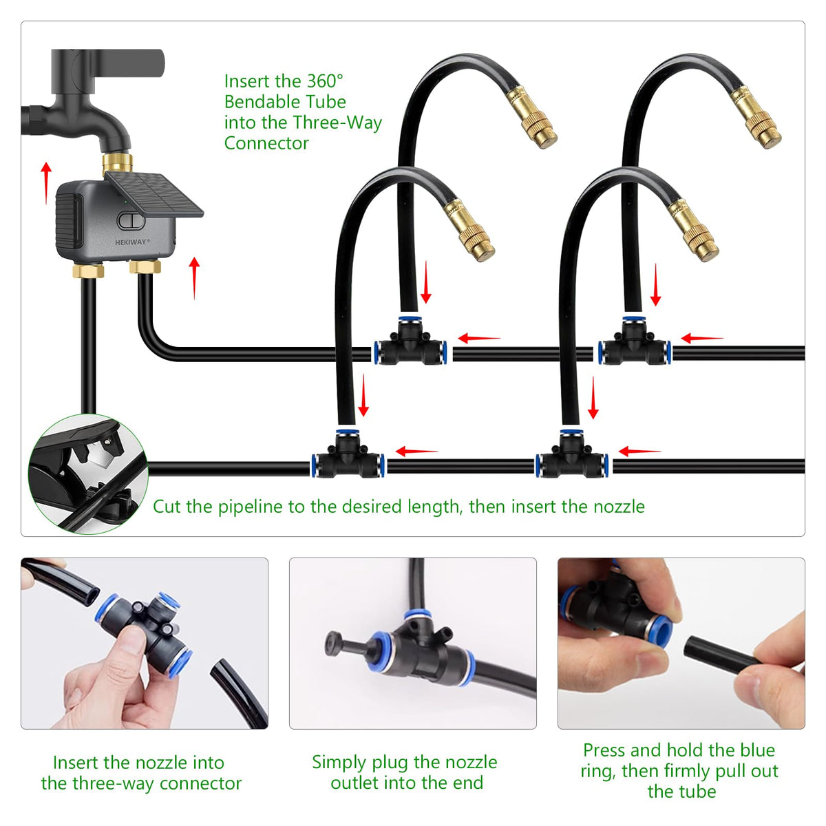 HEKIWAY 120FT Drip Irrigation System with WiFi Solar Water Timer, Automatic Garden Watering Kit with Dual Metal Tube Brass Connectors, 360° Adjustable Nozzles for Garden, Greenhouse & Lawn