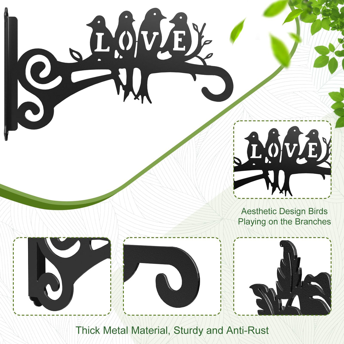 RANRTI 2-Pack Aesthetic Plant Hangers Outdoor and Indoor – 10 Inch Metal Hanging Plant Bracket with Beautiful Bird Pattern – Anti Rust Plant Hooks for Hanging Baskets, Bird Feeder, Windchime, Lantern