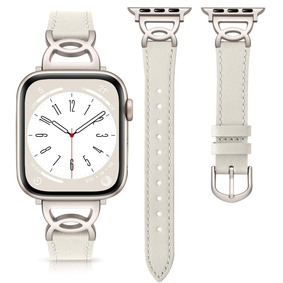 DaQin Slim Leather Band Compatible with Apple Watch Band for Women 40mm 38mm 41mm 42mm, Dressy Leather Strap with Designer DC-shaped Buckle for iWatch Bands Series 11 10 9 8 7 6 5 4 3 2 1 SE,Starlight