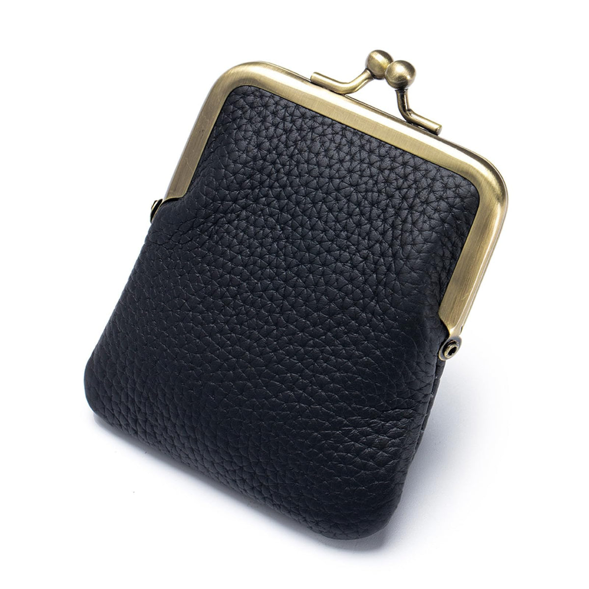 Genuine Leather Kiss Lock Coin Purse, Mini Wallet with Metal Clasp Frame, Small Change Holder, Gift for Women Men, Black