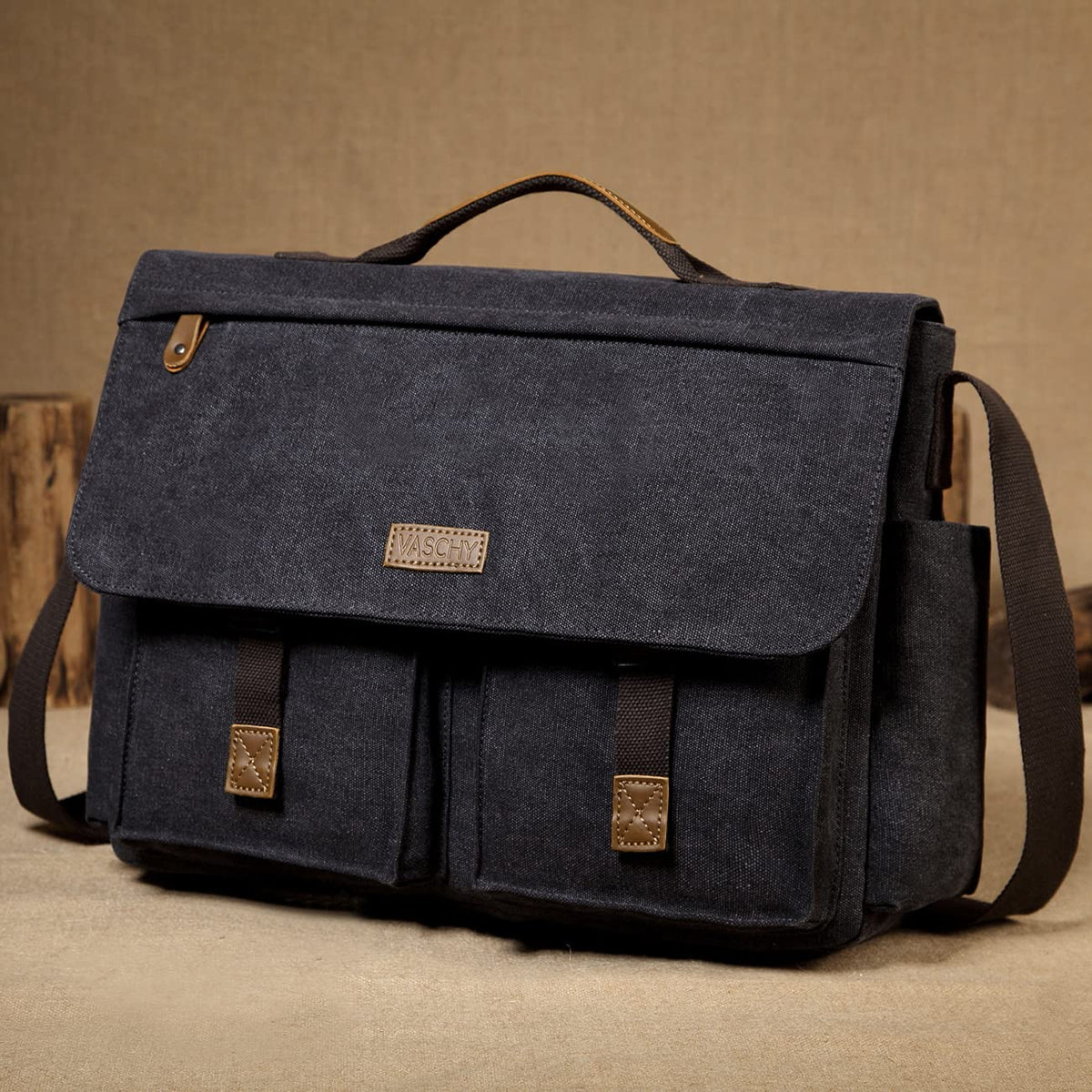 Messenger Bag for Men, VASCHY Vintage Water Resistant Waxed Canvas Satchel 15.6 inch Laptop Briefcase Shoulder Bag with Padded Shoulder Strap Gray