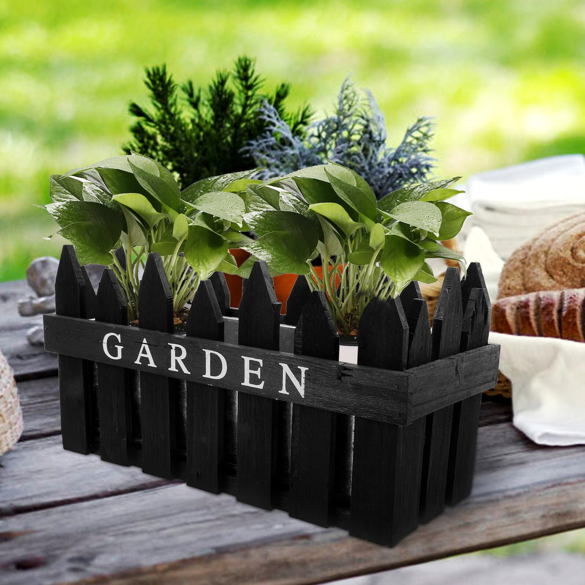 BESTonZON Wood Fence Flowerpot Planter with Fence Design, Rectangular Black Wood Plant Pot for Balcony and Outdoor Garden Decoration, Rustic Pastoral Style Flower Box