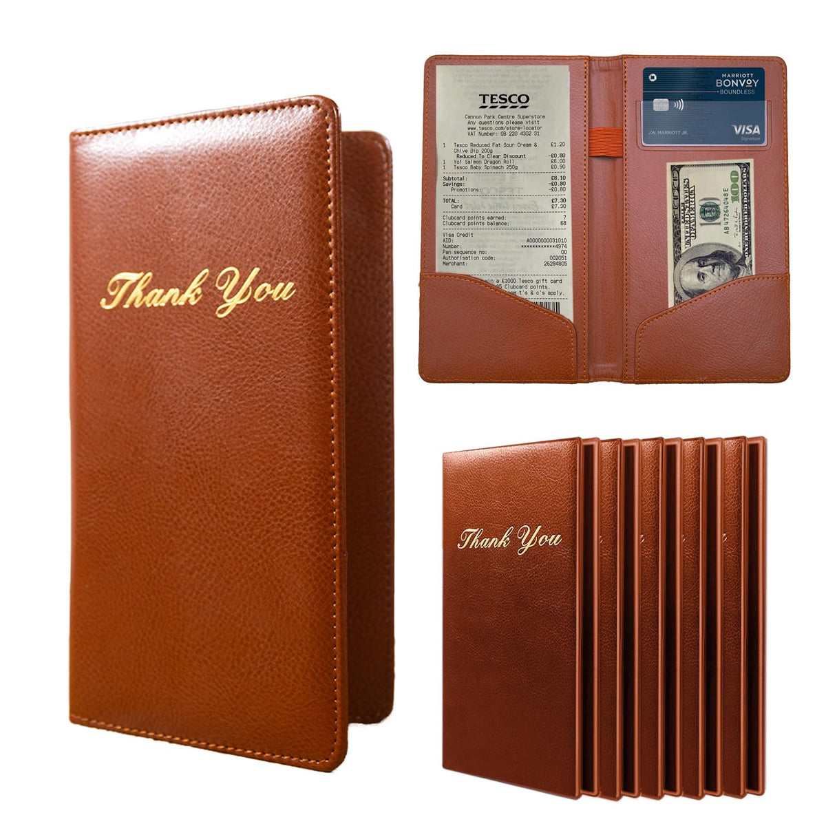 Goodsmart Check Presenters for Restaurant, PU Leather 5 Packs Guest Check Book Waitress Books for Servers (5 Packs, Brown)