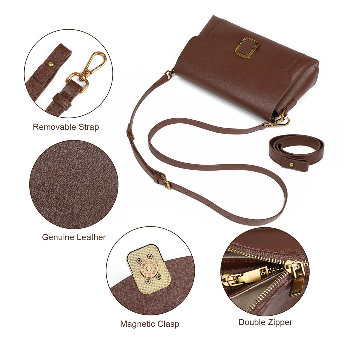 MoreFarther Genuine Leather Crossbody Bag for Women, Removable Satchel Adjustable Shoulder Bag (Chocolate)