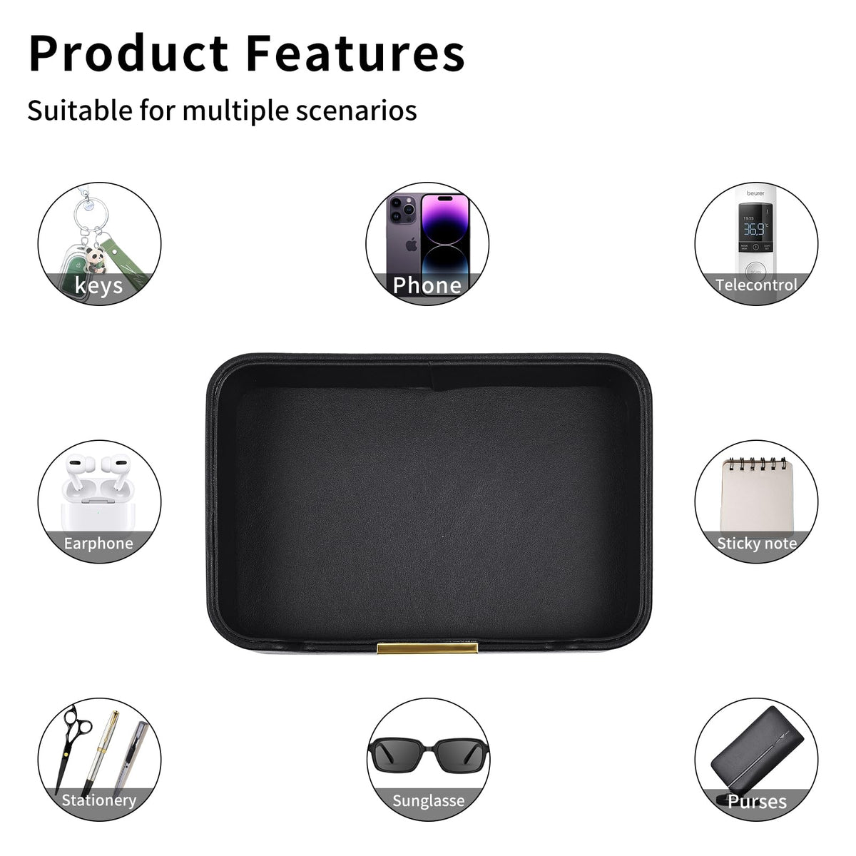 RHCSZ Luxury Leather Valet Tray Desktop Storage Organizer,Bedside Vanity Catchall Tray Nightstand Caddy Holder for Cosmetic,Jewelry,Watch,Keys,Phone,Wallet,Remote Controller,Pen,Black