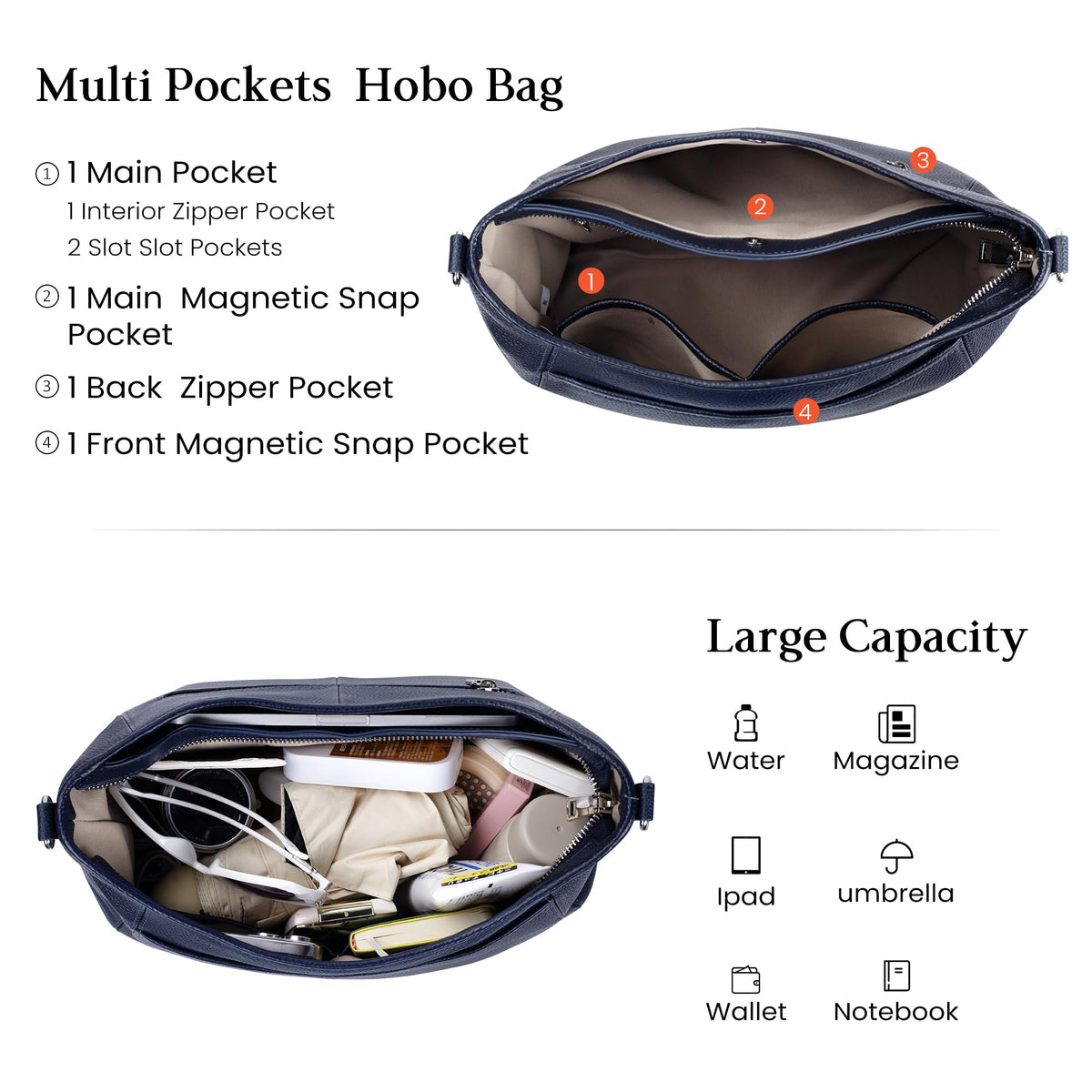 befen Genuine Leather Crossbody Bag for Women, Navy Blue Purses Soft Real Leather Hobo Bag with 2 Detachable Straps Designer Large Crossbody Purse Womens Shoulder Handbag for Daily and Work