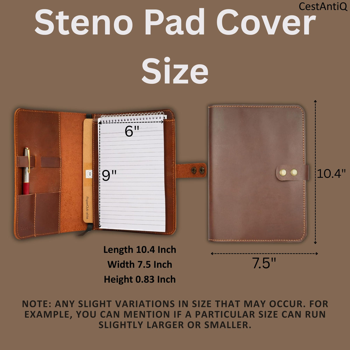 CestAntiQ Rustic Leather Journal Cover | Handmade 6x9 Spiral Steno Pad Holder | Full-Grain Top-Bound Notebook Sleeve & Refillable Cahier Cover (Brown)