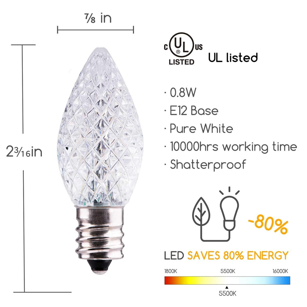 Minetom C7 LED Christmas Light Bulbs, Dimmable, Shatterproof, 25 Count, Pure White