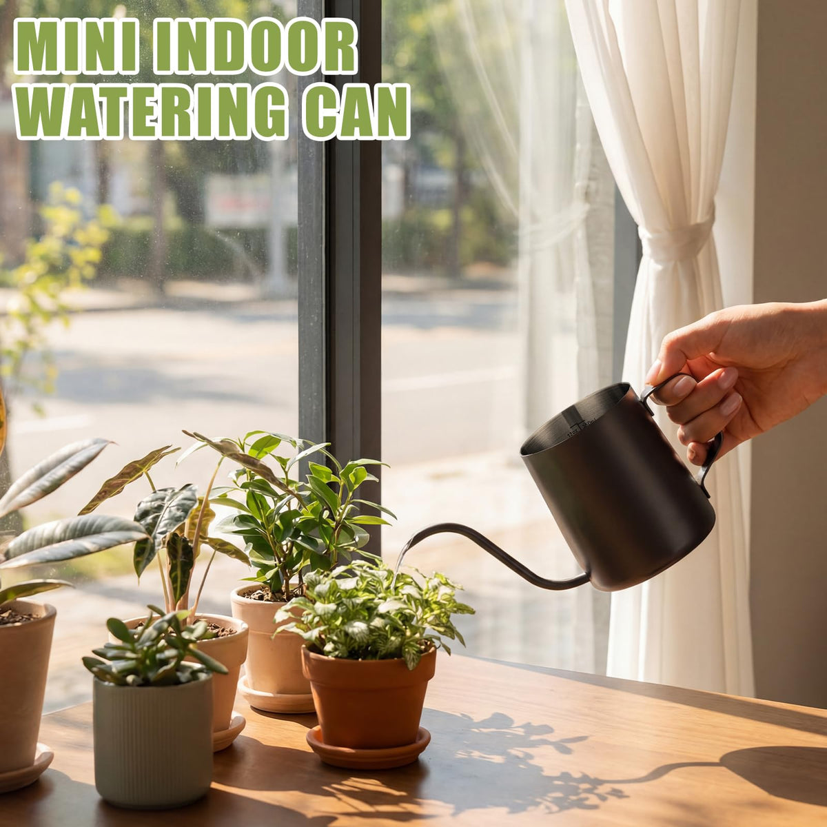 Teecyhooo 2 Pcs Small Watering Can for Indoor Plants, 12 Oz/350 ml Mini Plant Watering Pot with Long Spout and Scale 304 Stainless Steel Tiny Watering-can for Outdoor Indoor Plants Garden(Black)