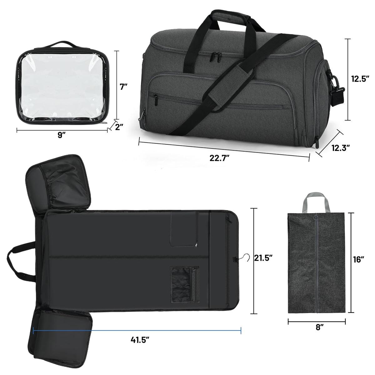 Vagtiivo Travel Garment Bag, 55L 2-in-1 Convertible Carry-On Suit Bag with Full-Zip 360-Degree Protection for Business Travel & Weddings, Hanging Suitcase Duffel Bag, Midnight Grey