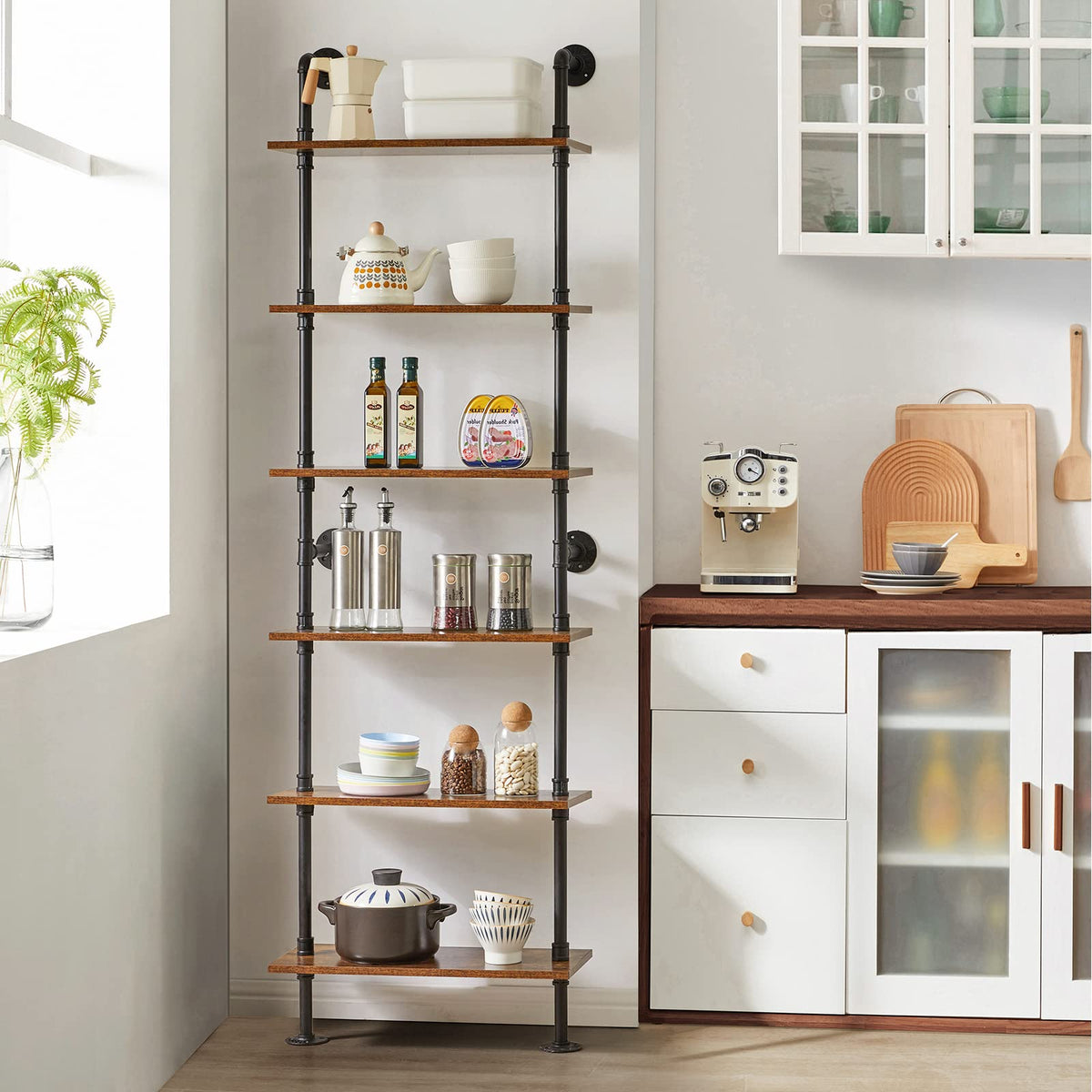 YMYNY Industrial Pipe Ladder Shelf, 6-Tier Wall Mounted Bookcase with Metal Frame, 78.7" Open Bookshelf, Multifunctional Storage Rack for Home Office, Living Room, Plant Stand, Rustic Brown, RF-TM018
