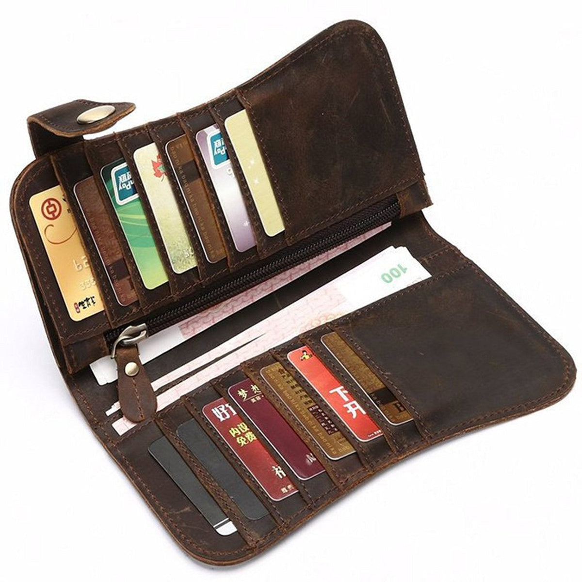 RS Mens Wallet with Chain Leather Long Bifold Trucker Wallet Vintage Biker Money Clip with Zipper(Brown w/Iron Chain)