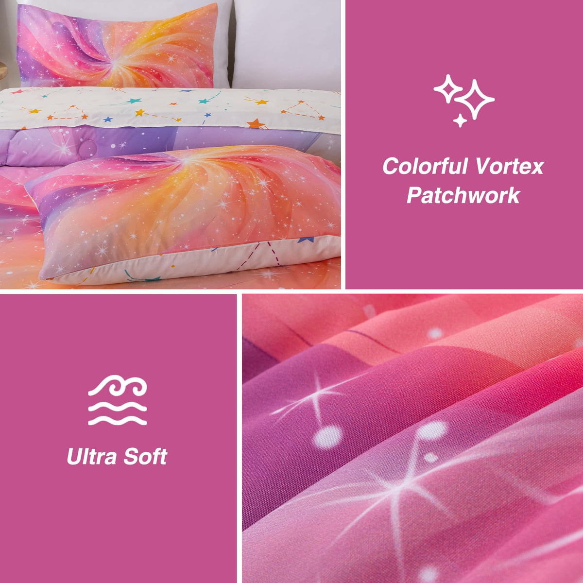 A Nice Night 6Pcs Twin Swirling Galaxy Dreamy Comforter Set, Colorful Rainbow Gradient Glitter Tie Dye Comforters, Ultra Soft Bedding Set (Purple-Pink, Twin 6Pcs)