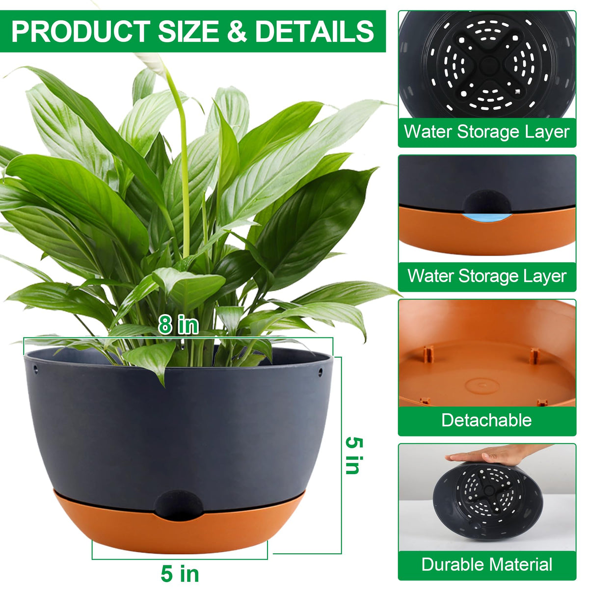 Nooulap 4 Pack Self Watering Pots for Indoor,8 Inch Plant Pot Outdoor Plastic Flower Pot with Drainage and Saucers(Grey)