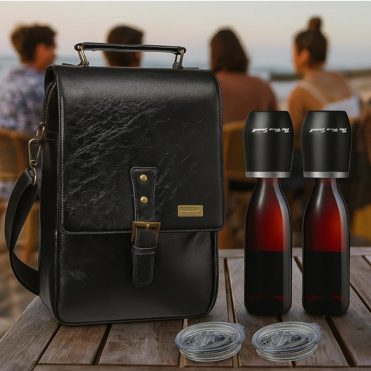 2 Bottle Insulated Wine Tote Bag with Tumblers, Leather Carrier Purse with Dividers, Leakproof Cooler, Adjustable Shoulder Strap & Pockets, Travel, Picnic, Beach, Hiking, Gift for Men & Women
