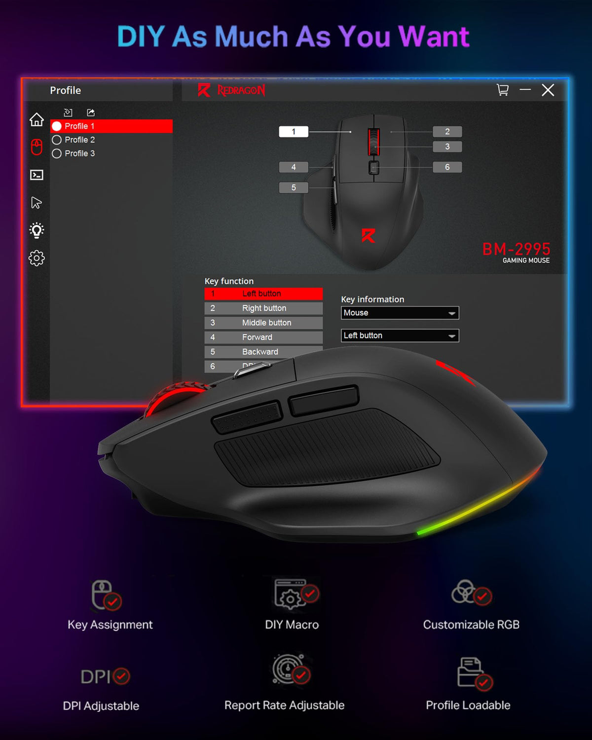 Redragon Large Wireless Gaming Mouse for Big Hands, Tri-Modes 2.4G/Bluetooth/Wired Rechargeable Ergo RGB Mouse with 2 Side Buttons, 6 Backlit Modes, Programmable Macro Gamer Mouse