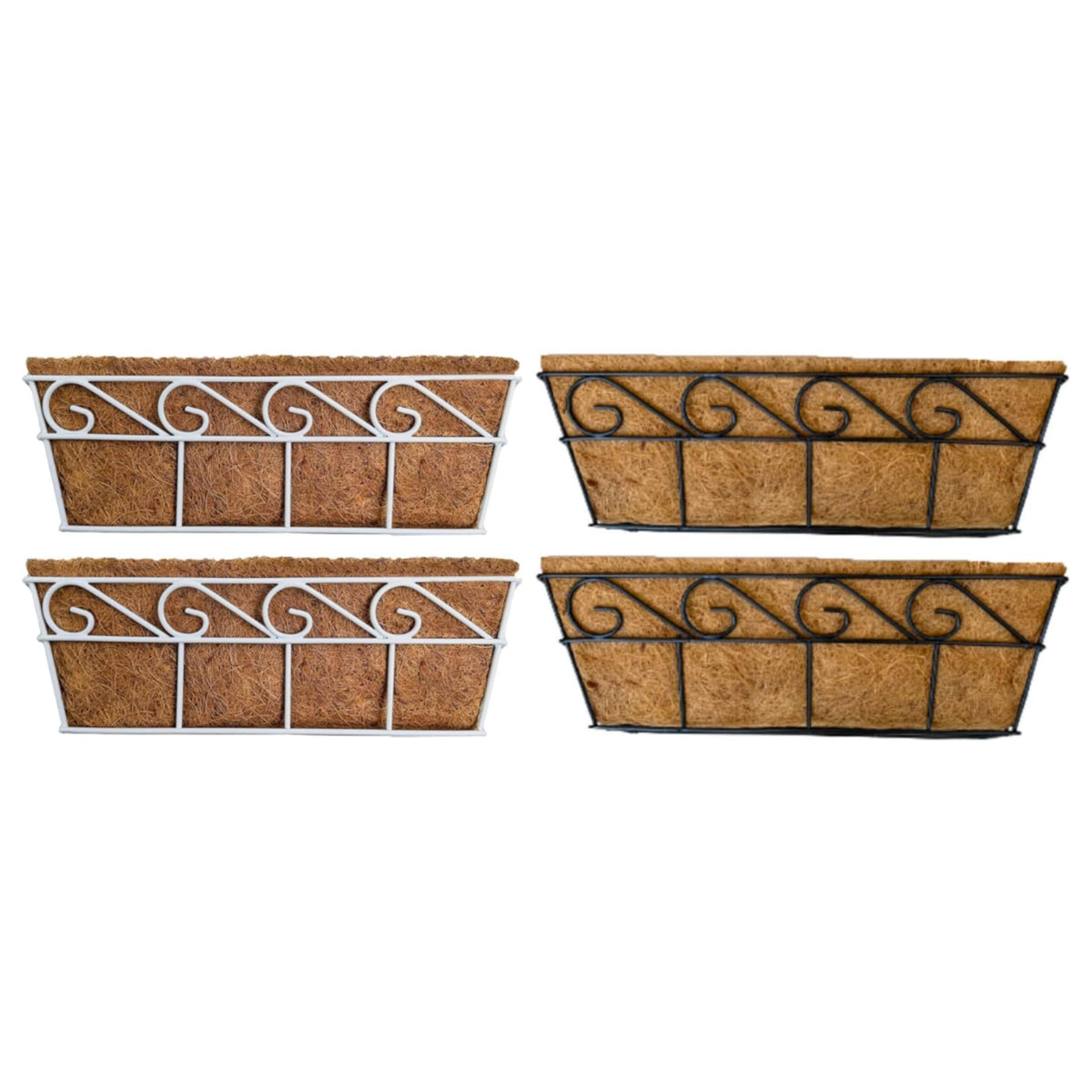LaLaGreen Bundle (2 Pack, 24 Inch White + 2 Pack, 24 Inch Black) Window Flower Boxes with Coco Liner, Wall Mounted Planters Balcony Deck Railing Over The Rail Metal Horse Troughs Fence Patio Porch