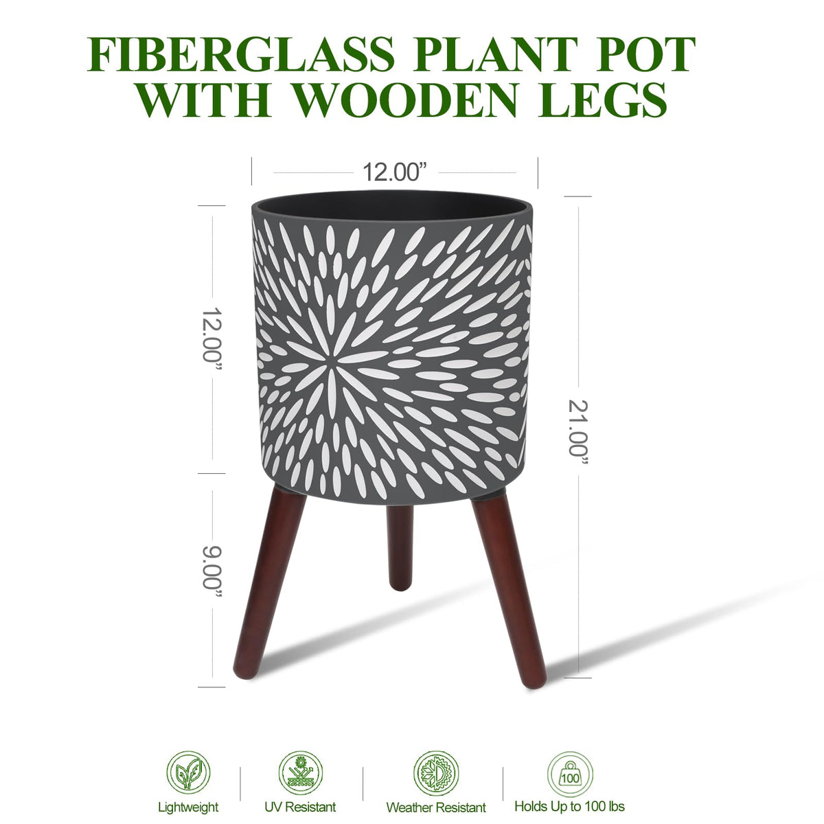 Opnons 12 Inches Plant Pot with Stand, Large Modern Standing Planters for Indoor Plants with Drainage Holes, Gray Flower Pots with Legs