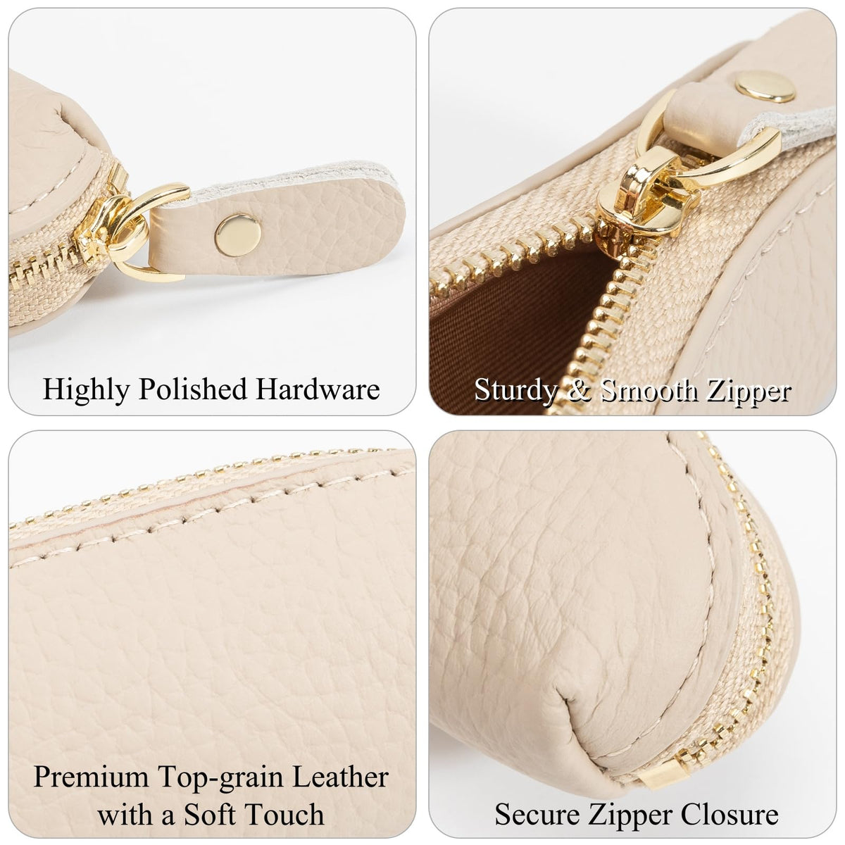 LARENNT Full Grain Leather Coin Pouch - Travel Small Coin Purse with Zipper - Mini Key Pouch Change Purse for Women and Men (Off White)
