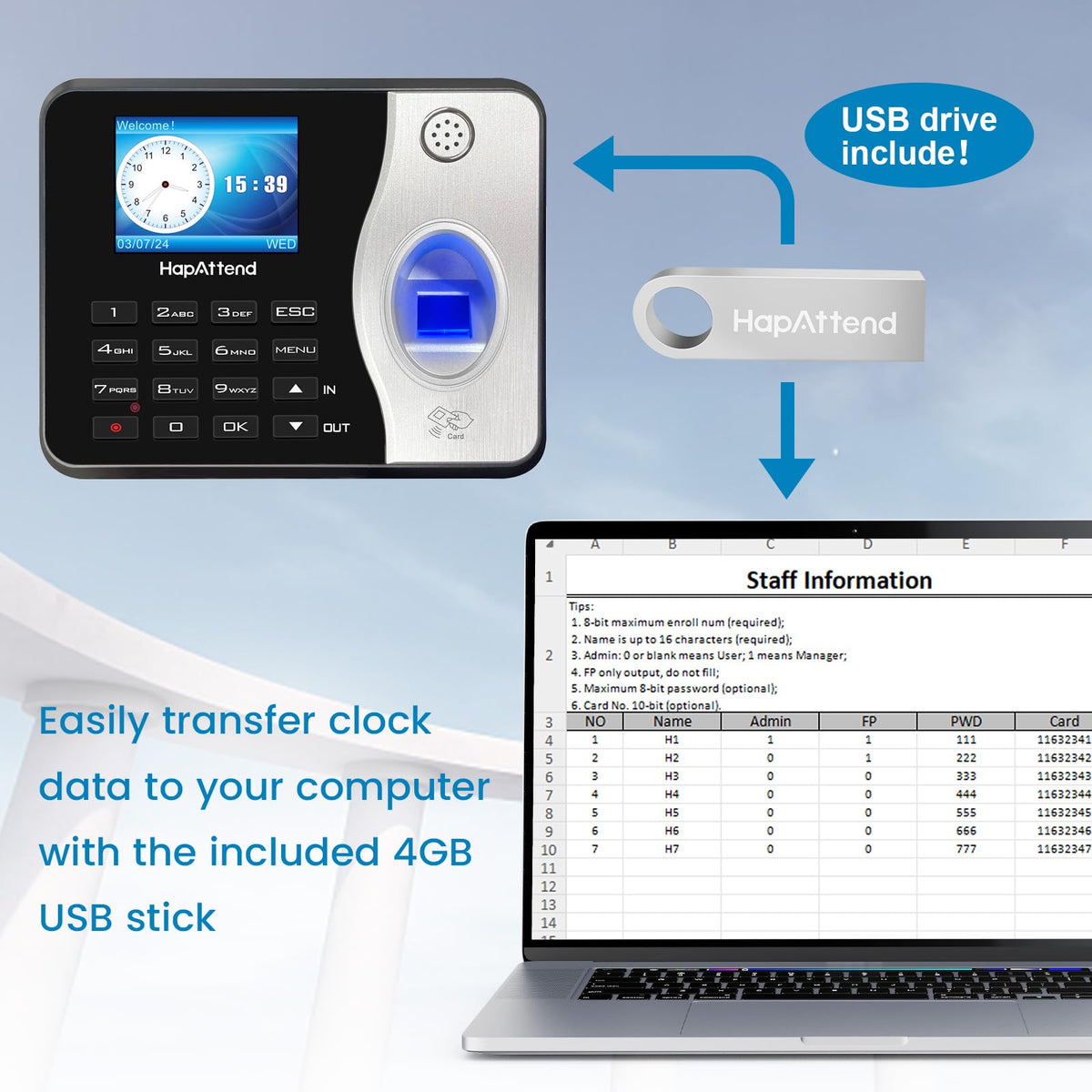 Time Clocks for Employees Small Business Automatic Calculate Hours, H1＆ H3 No Monthly Fees Fingerprint Time Clock, Standalone Biometric Clock in Machine for Employees with 5 RFID Cards