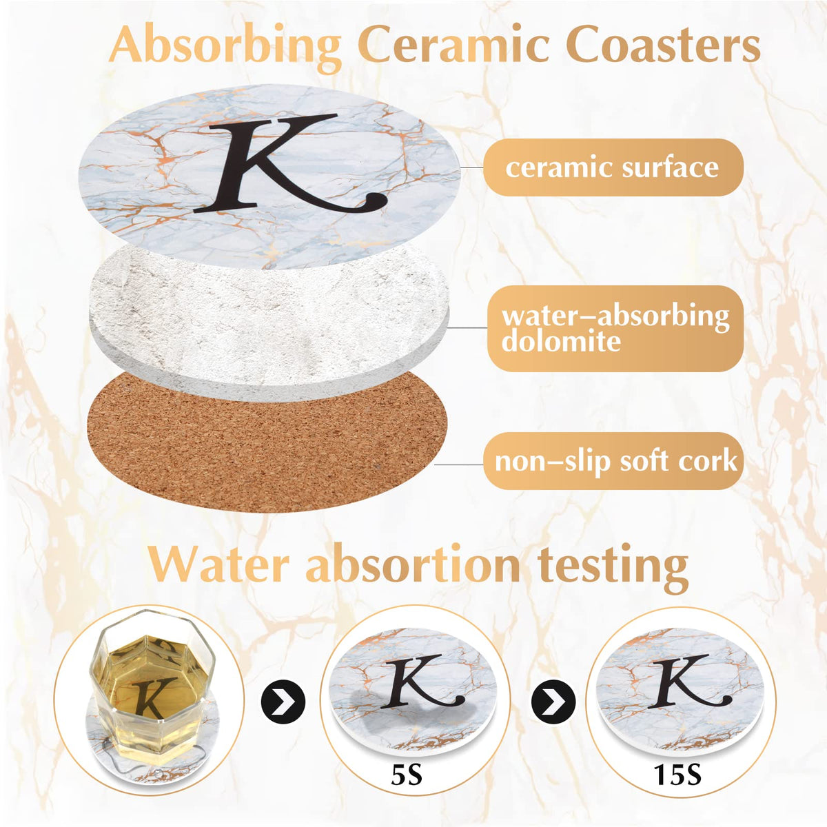 Monogrammed Coasters for Drinks Absorbents with Holder, Set of 6 Ceramic Marble Style Drink Coaster with Cork Base,Personalized Coasters Customizable with Name, Housewarming Gifts