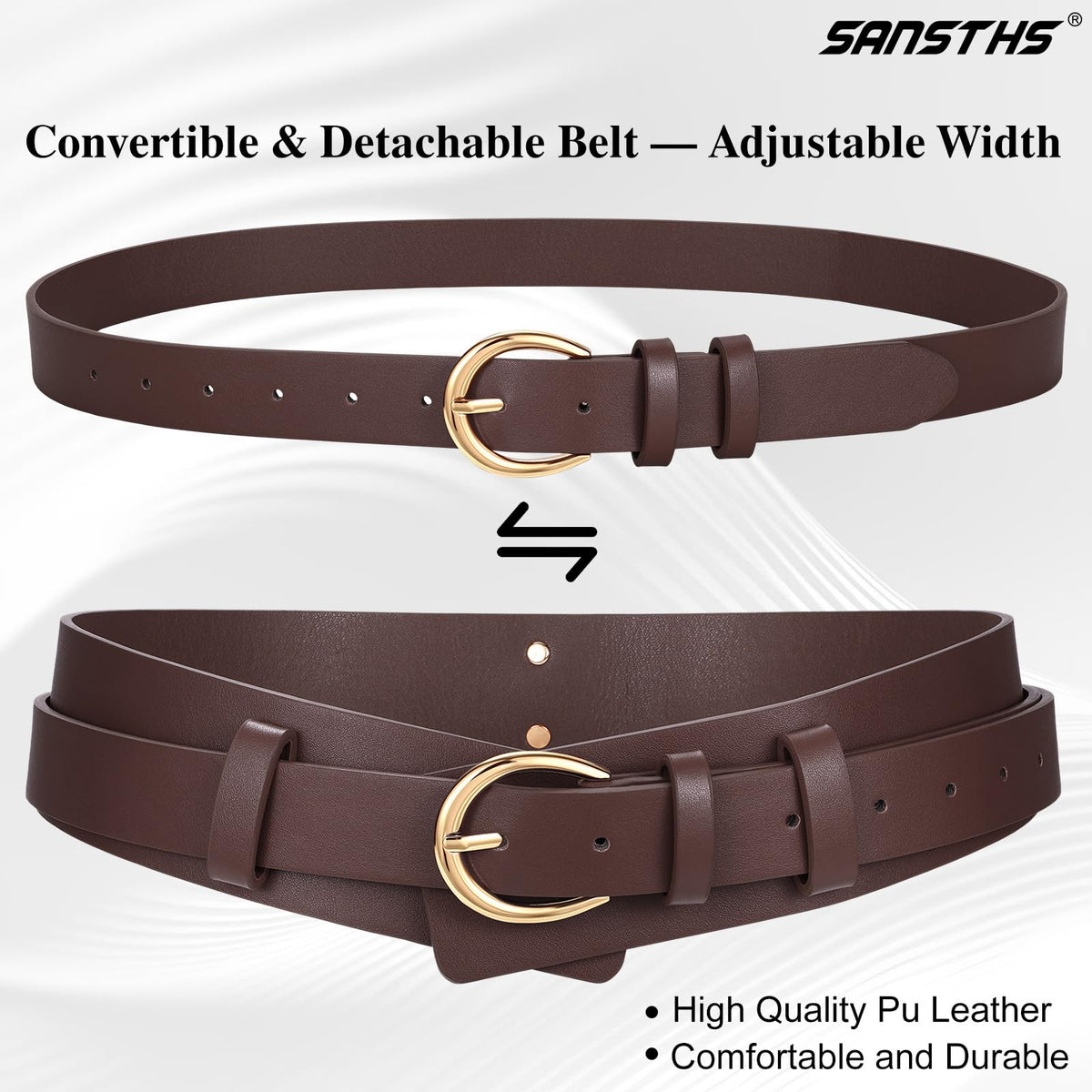 SANSTHS Belt for Women 2-in-1 Waistband for Dress Coats Pants, Women Wide Leather Belt with Fashion Buckle, Coffee S
