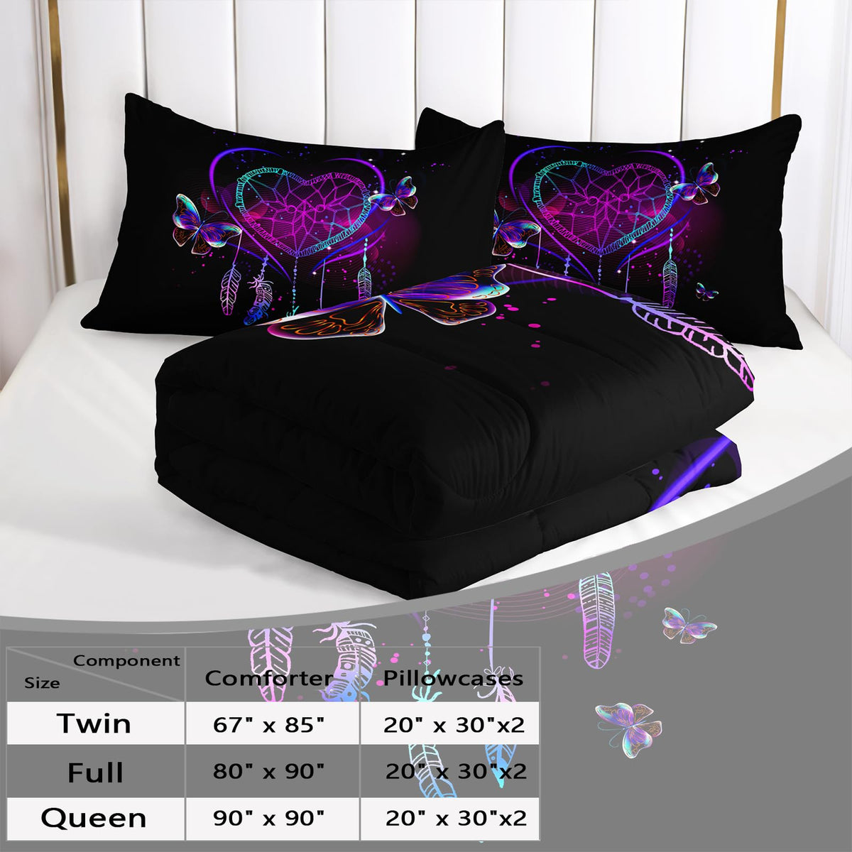 AILONEN Neon Love Comforter Set Queen Size, Valentine Gift Crystal Purple Butterfly Plume Design Bedding Set,Black and Purple Bedroom Decor Print Quilt 3Pcs (1 Comforter+ 2 Pillowcases)