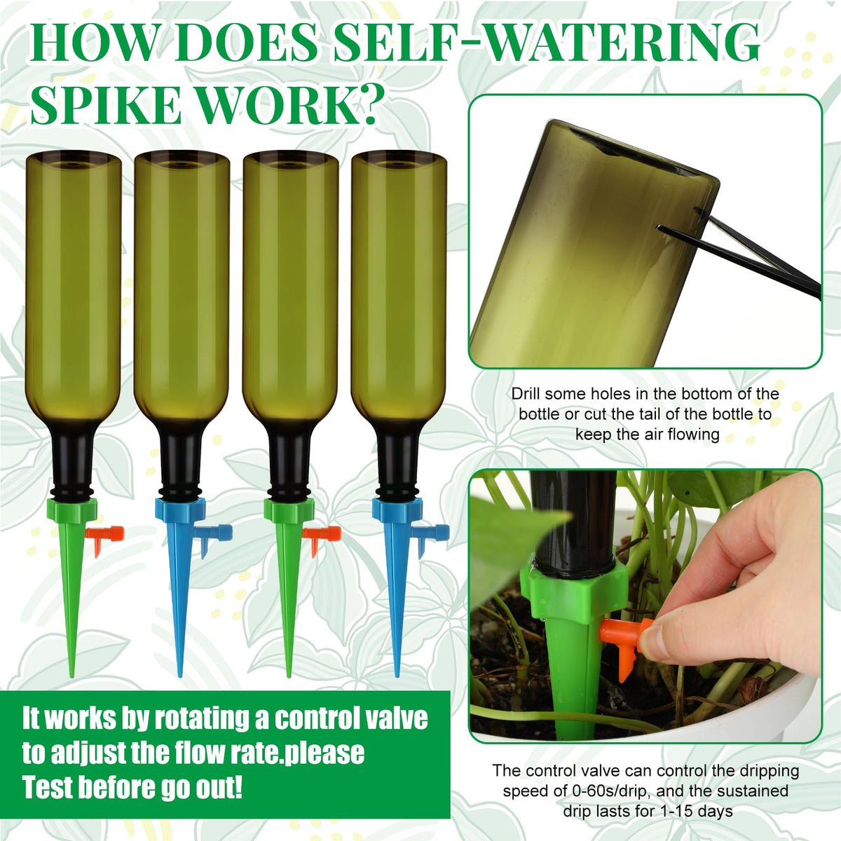 SiliFine 8 Set Plant Watering Devices with Self Watering Spikes and 26 oz Plastic Bottles Plant Waterer Devices with Adjustable Control Valve Switch Indoor Outdoor (Green)