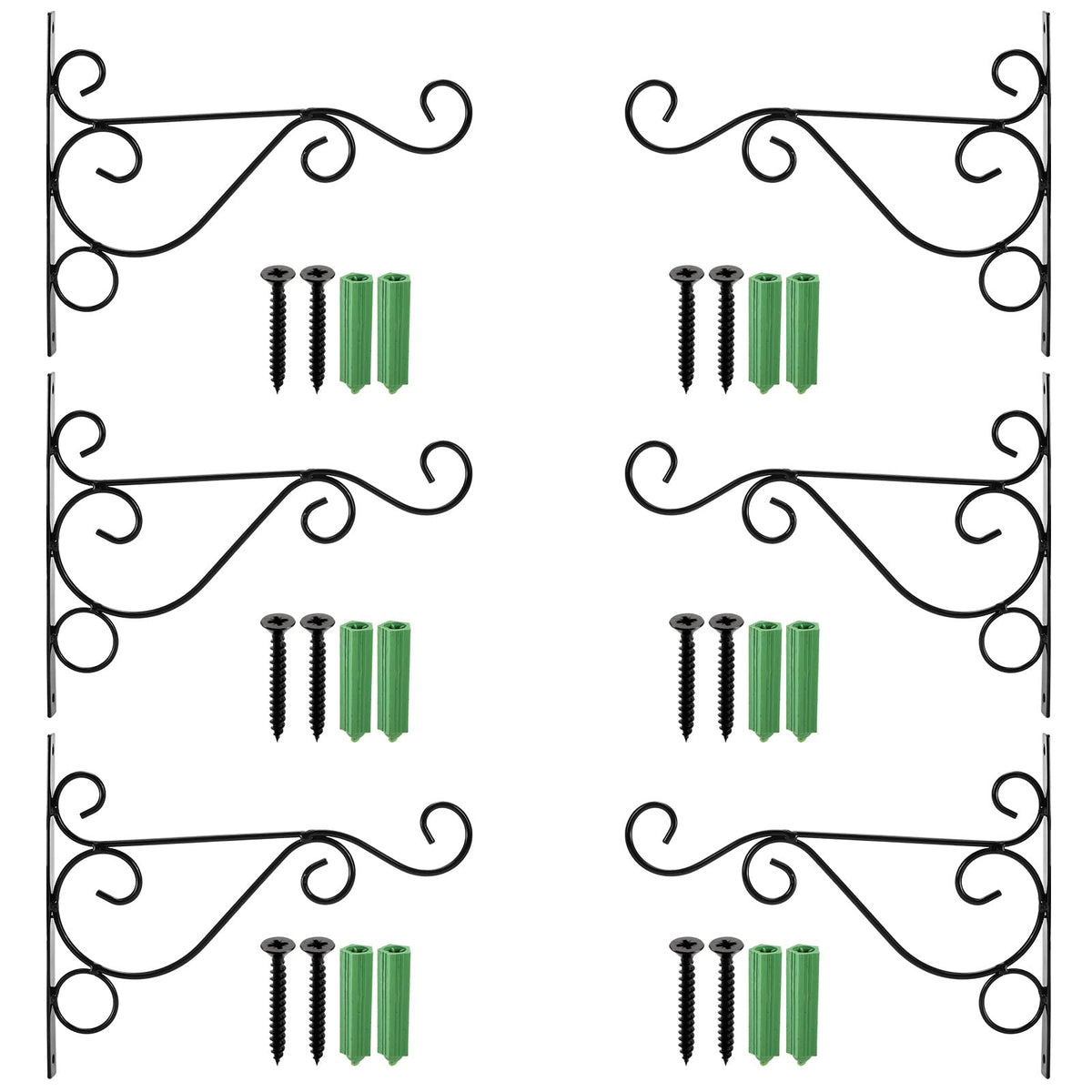 Fasmov 6 Pack Hanging Plant Brackets, 10" Sturdy Iron Wall Mount Flower Basket Hook Indoor Outdoor Bracket for Hanging Bird Feeders, Lanterns, Planters, Wind Chimes, Ornaments with Screws (Black)
