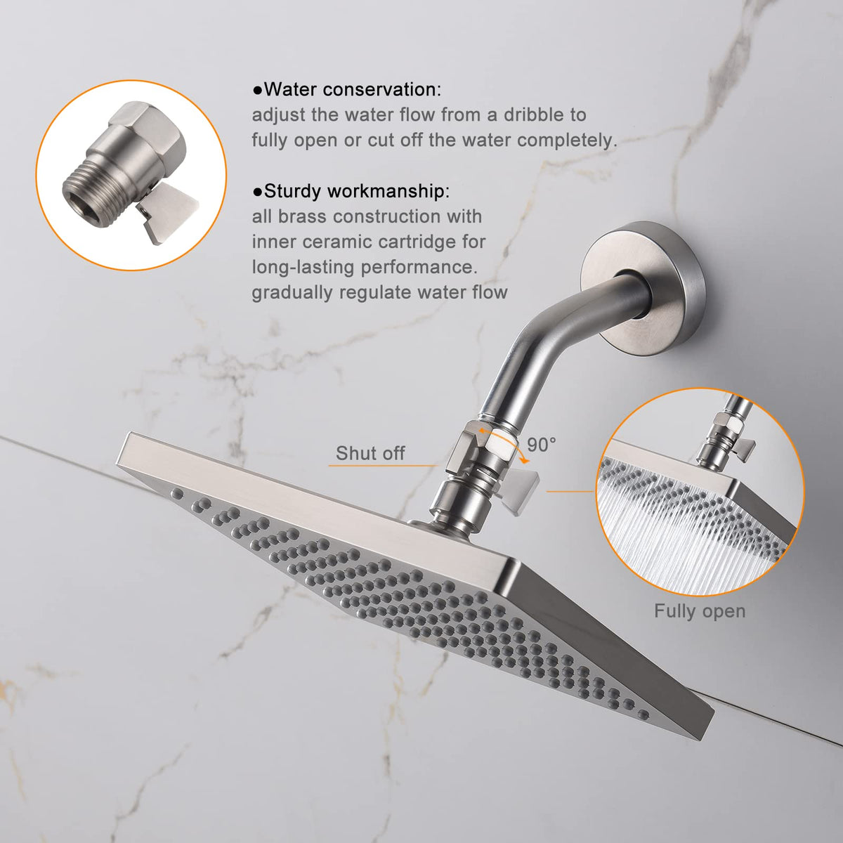 Shower Head Shut Off Valve, Brass G1/2“ Water Flow Control Valve for Shower head and Handheld, Water Pressure Regulator Replacement for Shower System(Brushed Nickel)