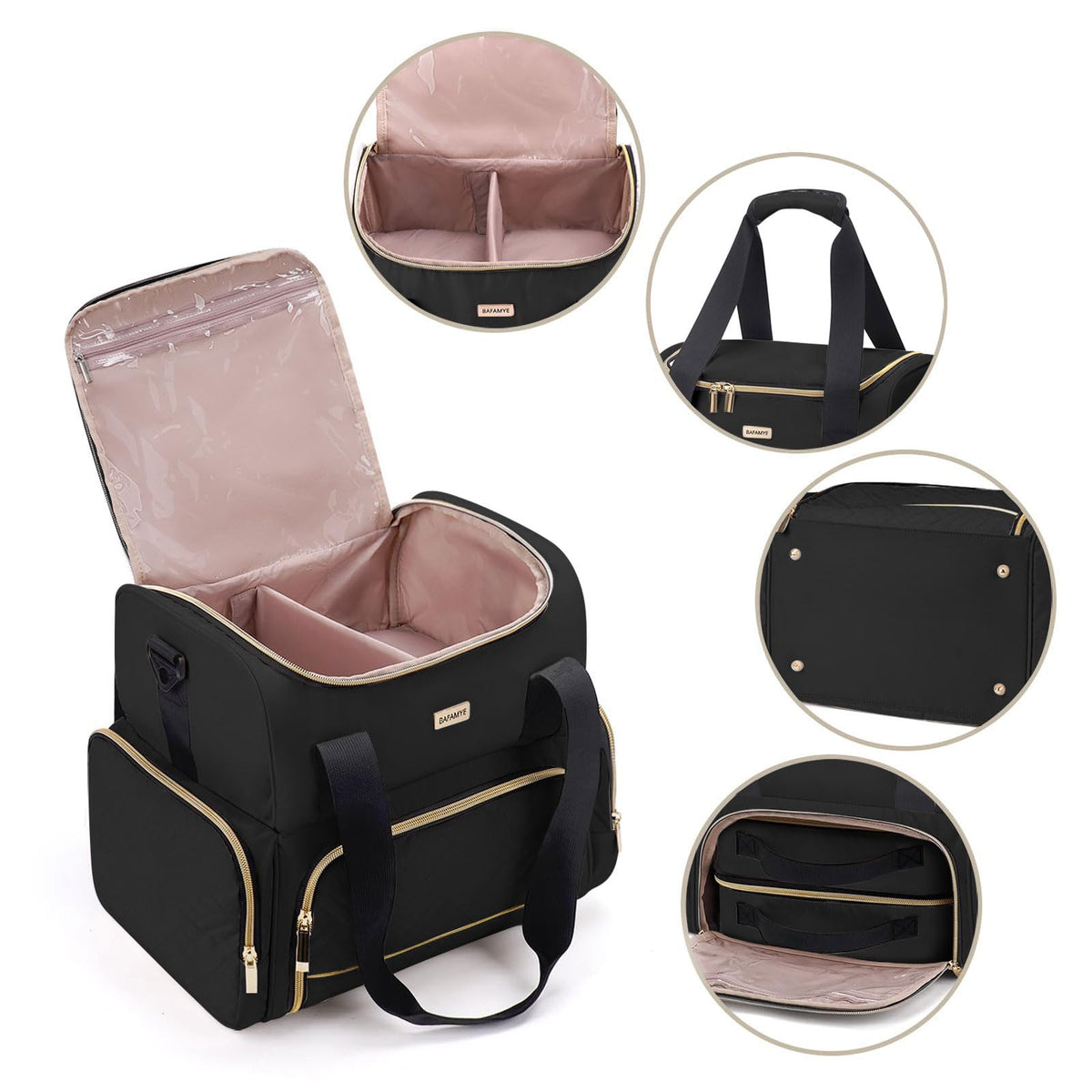 BAFAMYE Large Makeup Travel Cosmetic Bag with 2 Removable Case, Double Layer Big Travel Make Up Organizer Case, Toiletry Bag for Women, Train Cases Bags