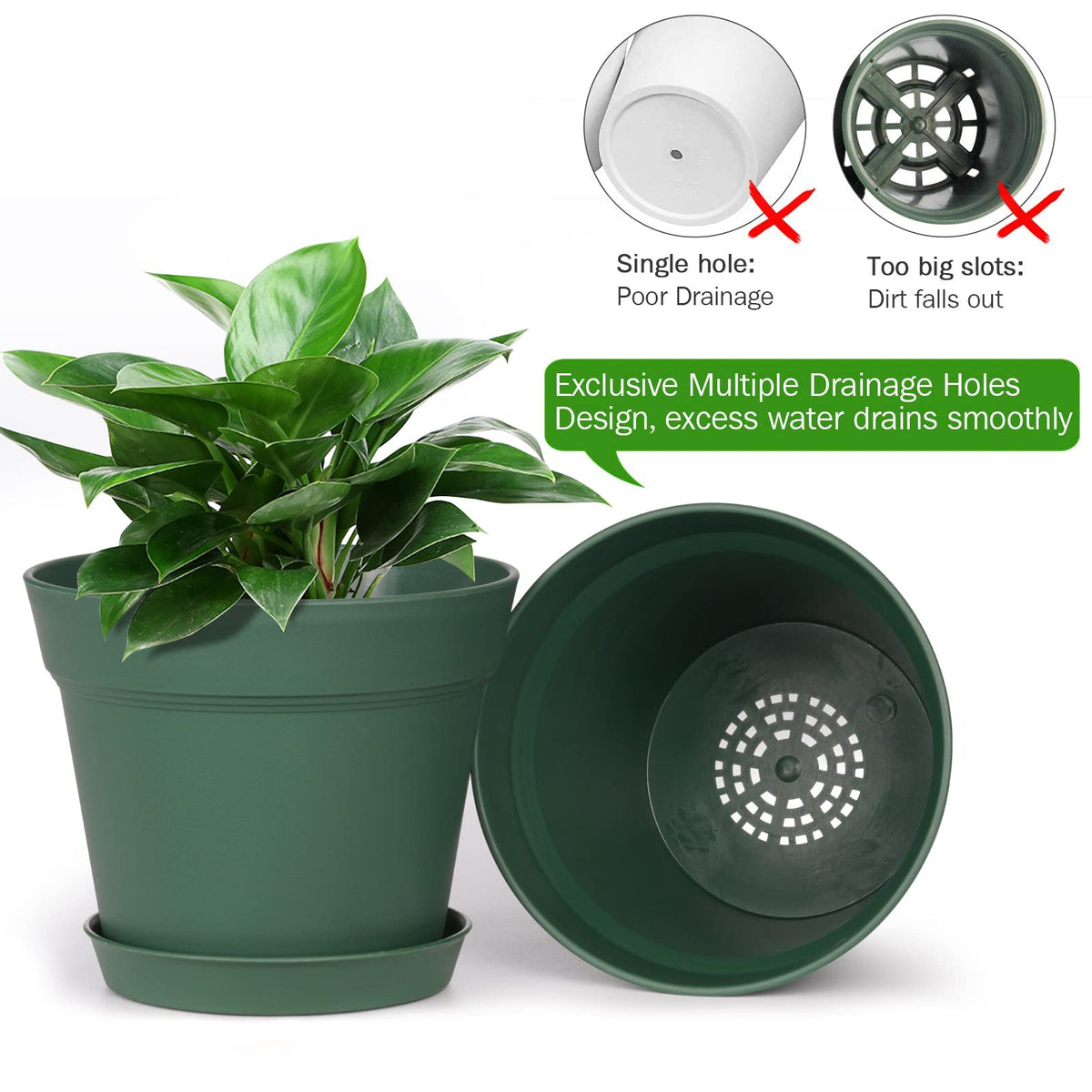 homenote Plant Pots,15 Pack 6 inch Flower Pots with Multiple Drainage Holes and Saucers,Plastic Planters for All Home Garden Flowers Succulents(Green)