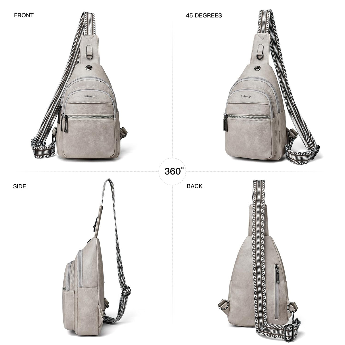 LATMAP 7L Sling Bag For Women Faux Leather Anti Theft Small Casual Daypack Backpack Fanny Pack Crossbody Chest Bags Purse Waterproof Light Grey