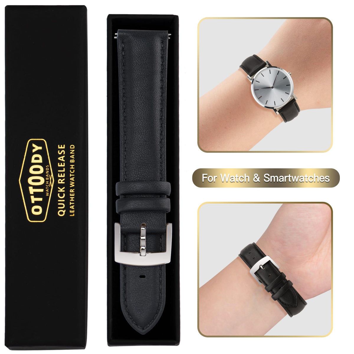 OTTOODY Leather Watch Bands Strap Quick Release, Elegant & Soft Top Grain Genuine Leather Watch band for Men Women, 22mm 21mm 20mm 18mm 16mm Replacement Straps for Watch & Smartwatch, Silver Buckle