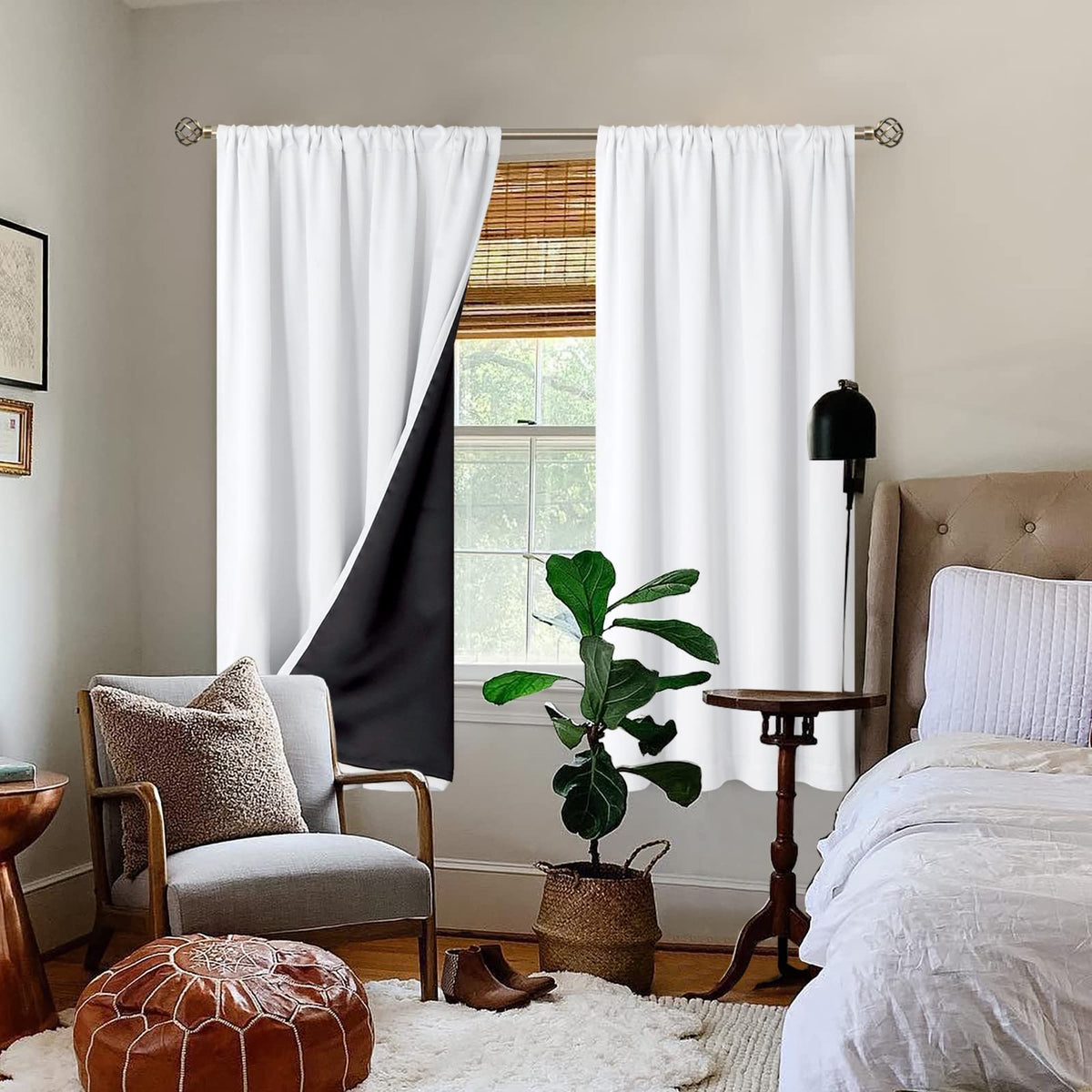 BGment White Blackout Curtains for Bedroom 63 Inch Long - Thermal Insulated Black Out Curtains Room Darkening Soundproof Rod Pocket Window Curtains for Living Room, Each Drape Panel 52 Inch Wide