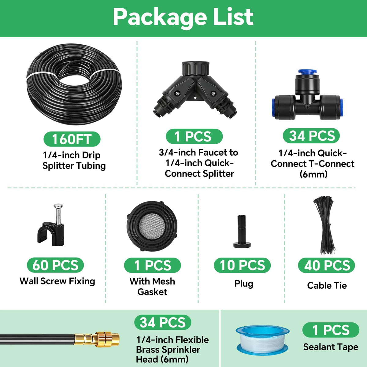 160Ft 1/4" Drip Irrigation System for Garden – 34 Adjustable Copper Nozzles, Automatic Atomizing Sprinkler System for Outdoor Plants Raised Bed, Yard, Potted Plants & Lawn