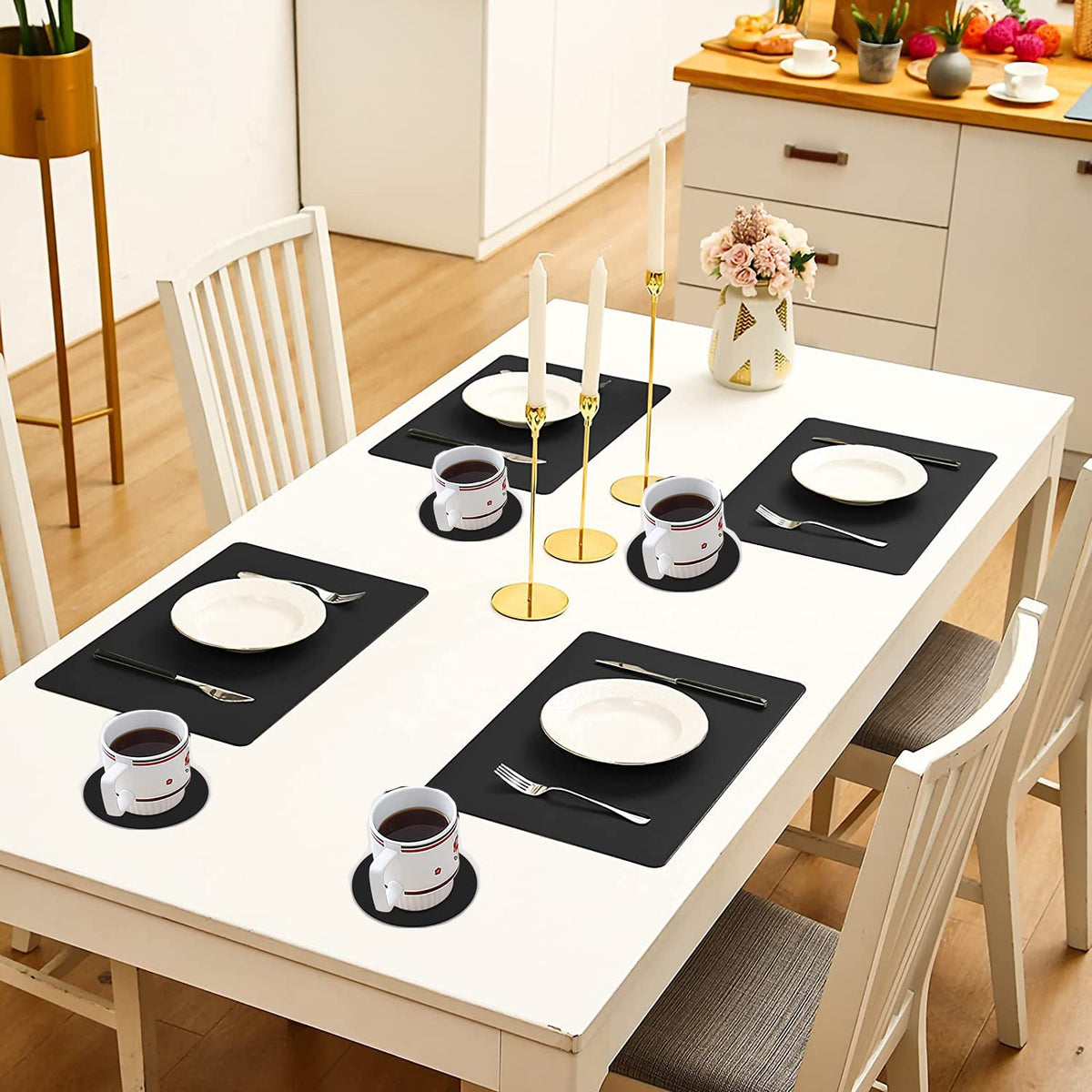 Abuzhen Faux Leather Placemats Set of 6, Place Mats with Coasters, Waterproof Wipeable Washable PU Table Mats for Dining Table and Decor, Easy to Care, Anti-Slip Place Mats (Set of 6, Rectangle Black)