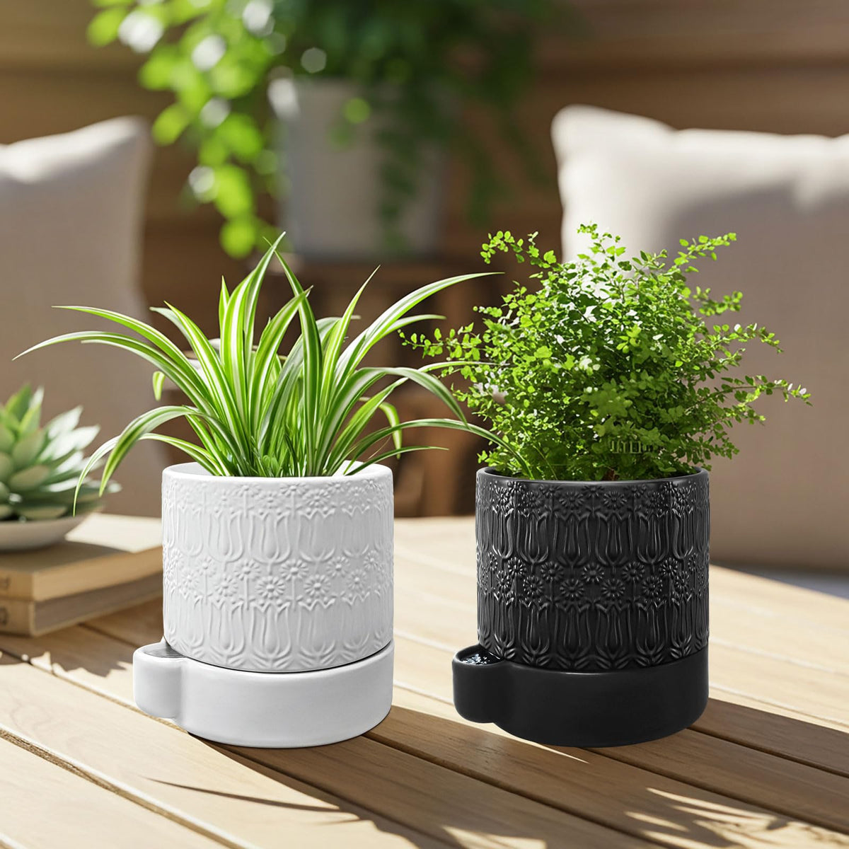 AmiCera Ceramic Plant Pots, Ceramic Outdoor Planters with Drainage Holes, Modern Planters for Indoor Plants, Black Flower Pot Relief Design, Decorative Gardening Gift for Plant Lover, 5.5 Inch