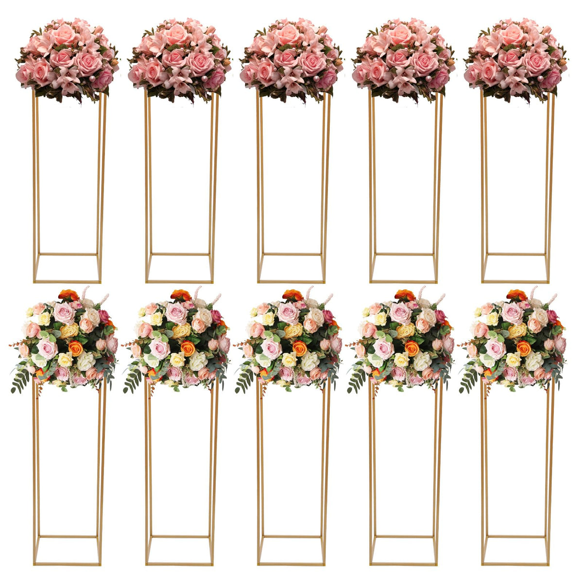 10PCS Wedding Flower Stand, 31.5inches Tall Column Geometric Centerpiece Vases, Rectangular Floral Display Rack, Column Centerpiece Floral Vases for Events Reception, Party Decoration (Gold, 31.5 in)