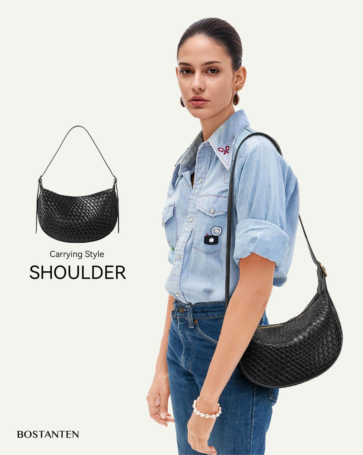 BOSTANTEN Purses for Women Crescent Crossbody Bag Vegan Leather Shoulder Hobo Handbag Adjustable Strap, Small Black