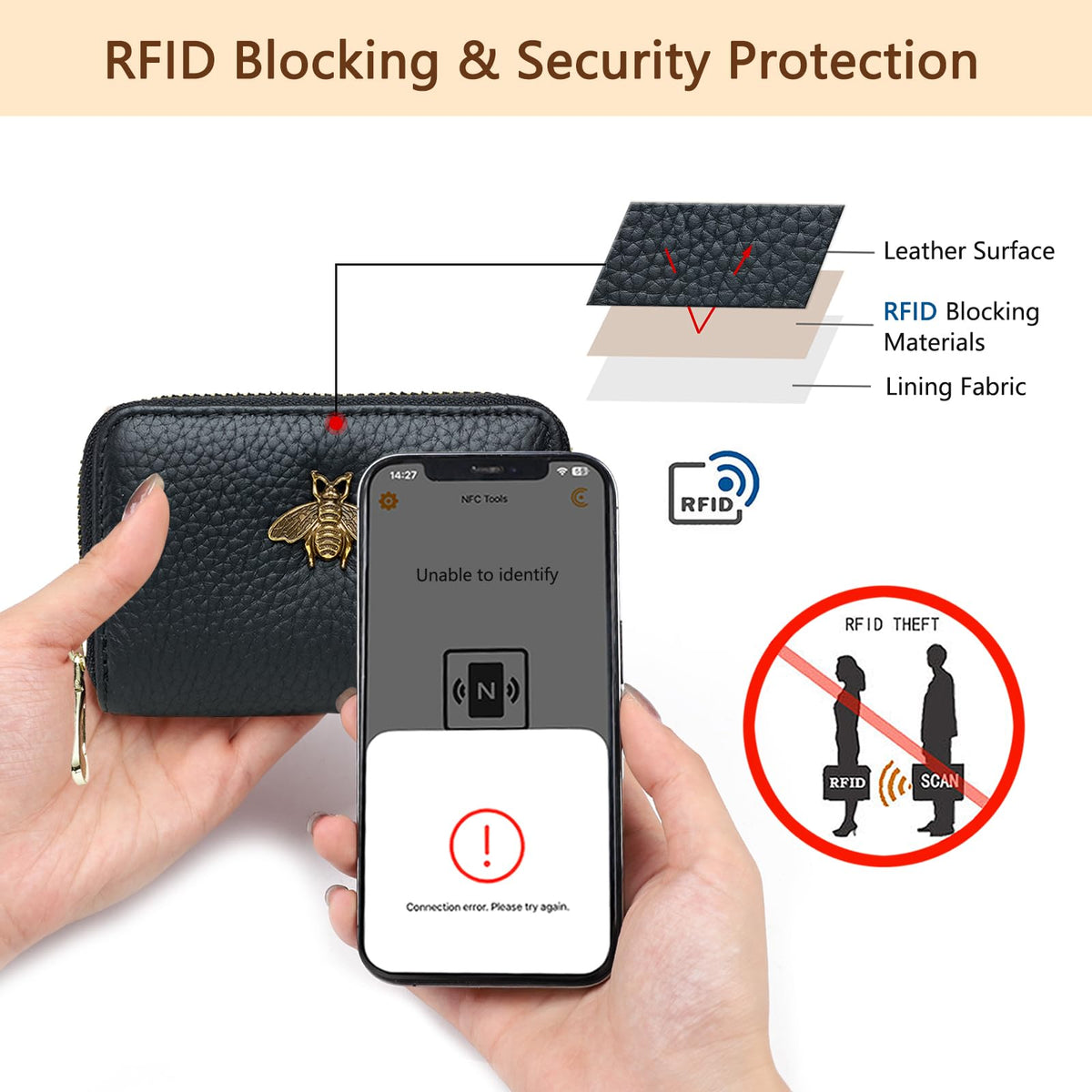 imeetu RFID Credit Card Holder, Small Leather Zipper Card Case Wallet for Women (Lite,Black)
