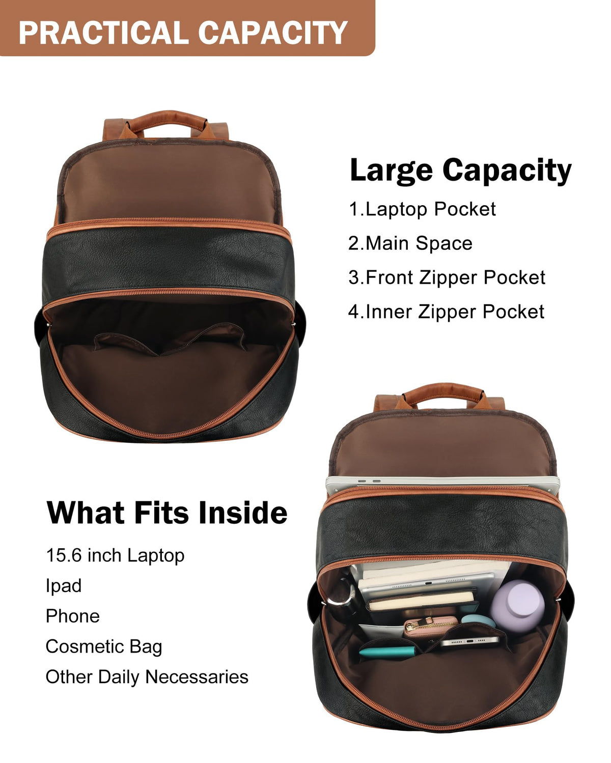 MASINTOR 15.6 inch Leather Laptop Backpack Purse for Women, Designer Travel and Work Bag with Laptop Compartment Black Brown