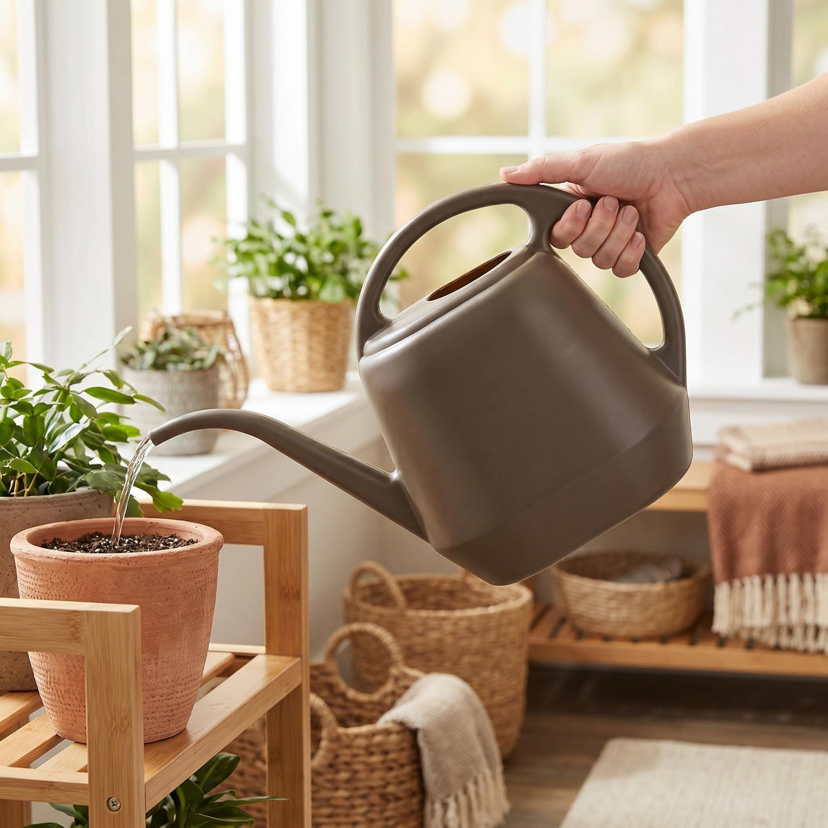 Fasmov Plastic Watering Can, 1-Gallon, Deep Gray