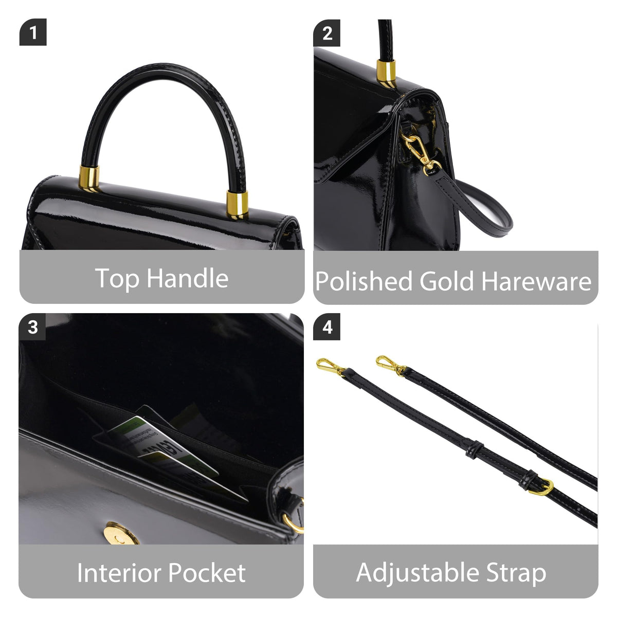 Milisente Women's Top Handle Clutch Purse Vegan Leather Crossbody or Handheld Bag For Day And Night Structured Patent Purse with Detachable and Adjustable Strap (Black)