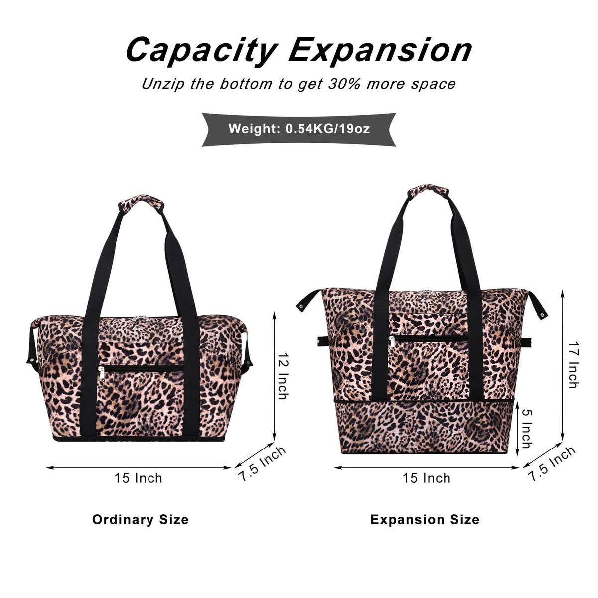 HAWEE Expandable Duffel Bag for Women with Trolley Sleeve and Wet Pocket Water Repellent Weekender Travel Tote Large Capacity Carry On Overnight Luggage, Leopard