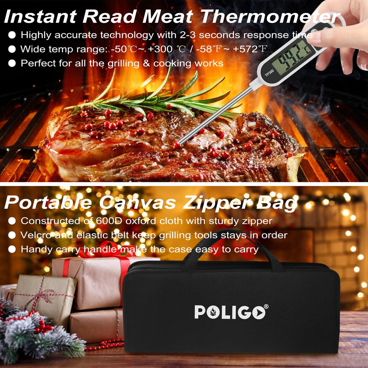 POLIGO 29 PCS BBQ Grill Accessories Stainless Steel BBQ Tools Grilling Tools Set with Storage Bag for Fathers Day Dads Birthday Presents - Camping Grill Utensils Set Ideal Grilling Gift for Men Silver