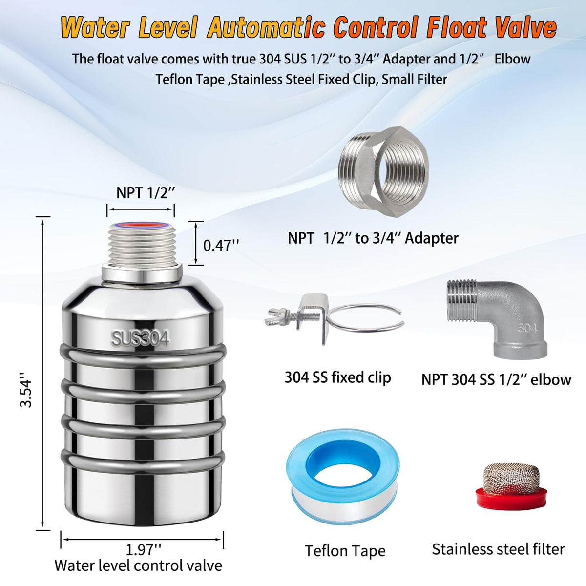 2-Pack NPT 1/2" Float Valve, Leak-Proof 304 Stainless Steel Automatic Water Level Control Float Valve with 1/2" 3/4" Premium 304 SS Connections for Water Trough Fish Tank Pool Livestock