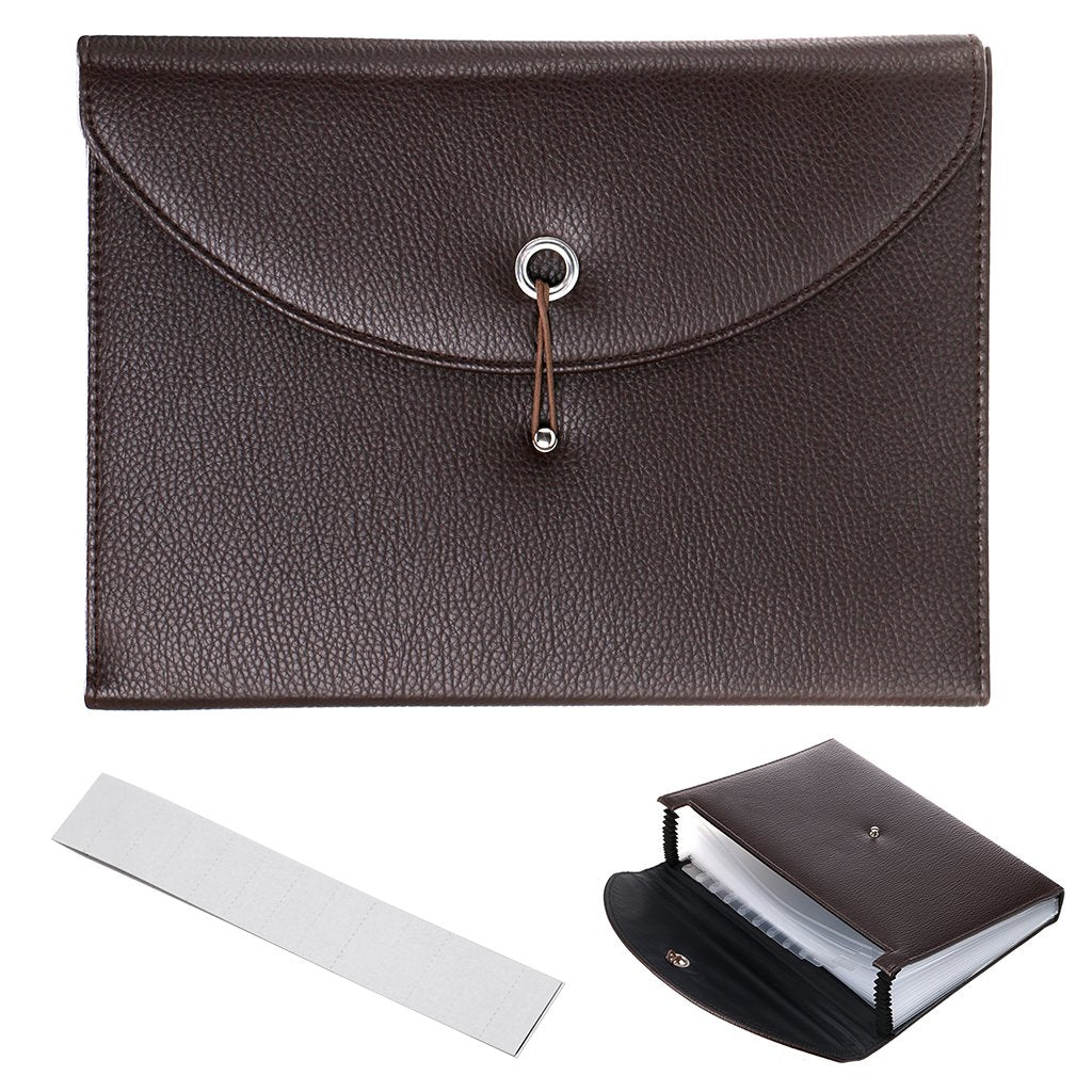BTSKY PU Leather Expanding File Folders-13 Pockets A4 Letter Size Paper File Folder Accordion Business Document Organizer with Fasteners and Tabs (Brown)